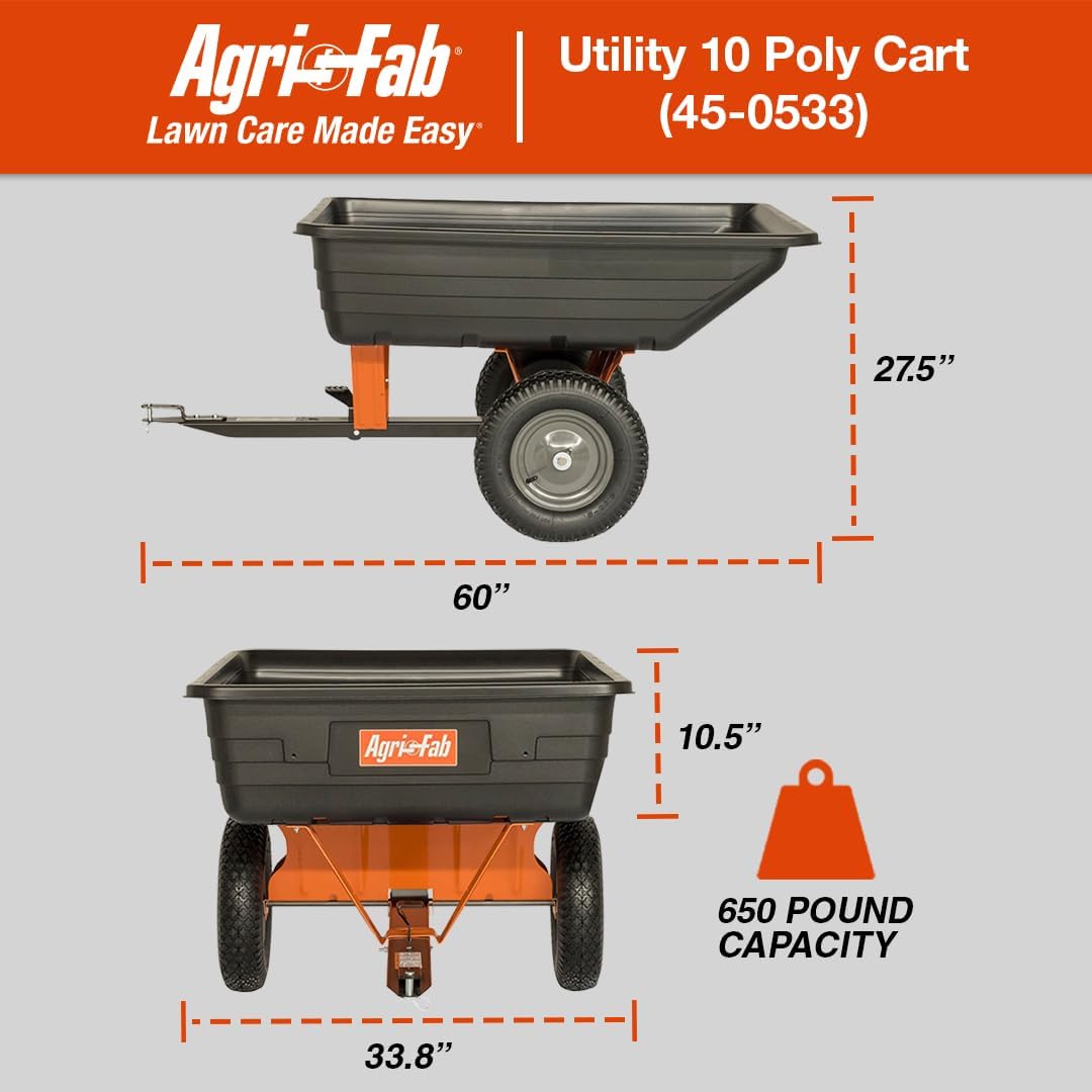 Agri-Fab 45-0533 650 lbs Tow Behind Poly Dump Cart, 10 CU. FT.; Lawn & Garden Cart/Trailer for Lawn Mowers, 16' Pneumatics Tires, Easy to Use Foot Pedal Dumping Lever