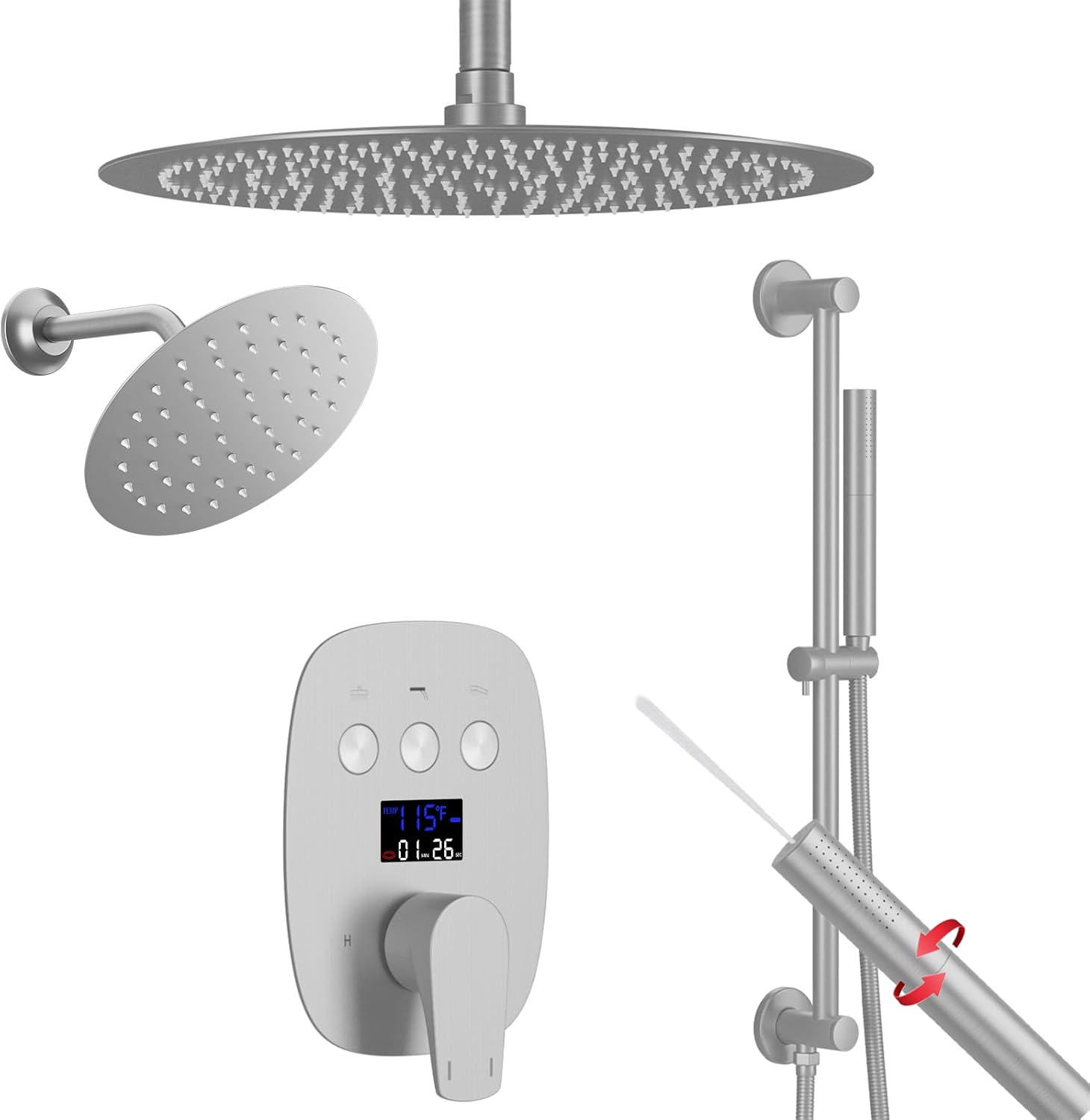 Brushed Nickel Shower System 3-Function Ceiling Shower Faucet Set with 12' and 8' Rainfall Dual Shower Head and Handheld Shower with Adjustable Slide Bar, Full Body Shower System Fixture