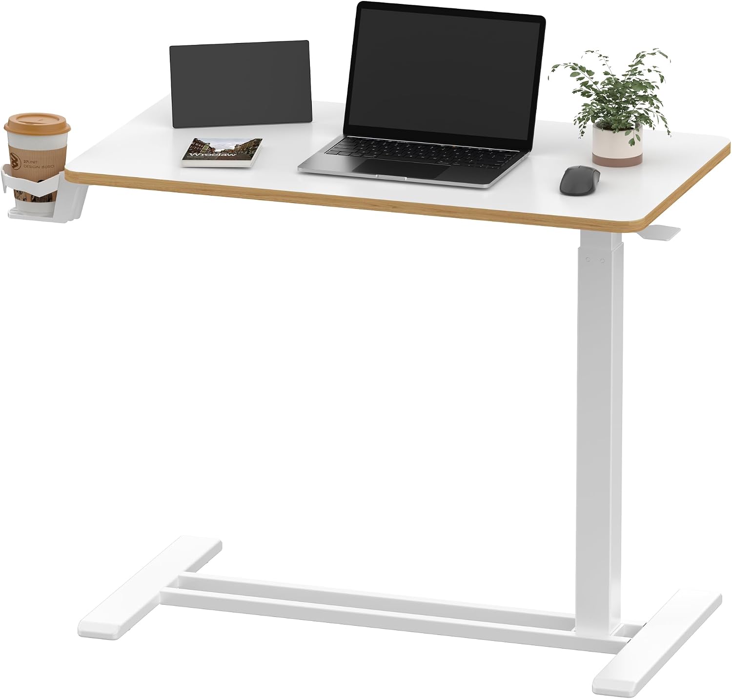 SANODESK Medical Adjustable Overbed Bedside Table with Hidden Casters, Pneumatic Mobile Laptop Computer Standing Desk Cart with Tray, Hospital and Home Use(31.5' W x 17.7' D, White)