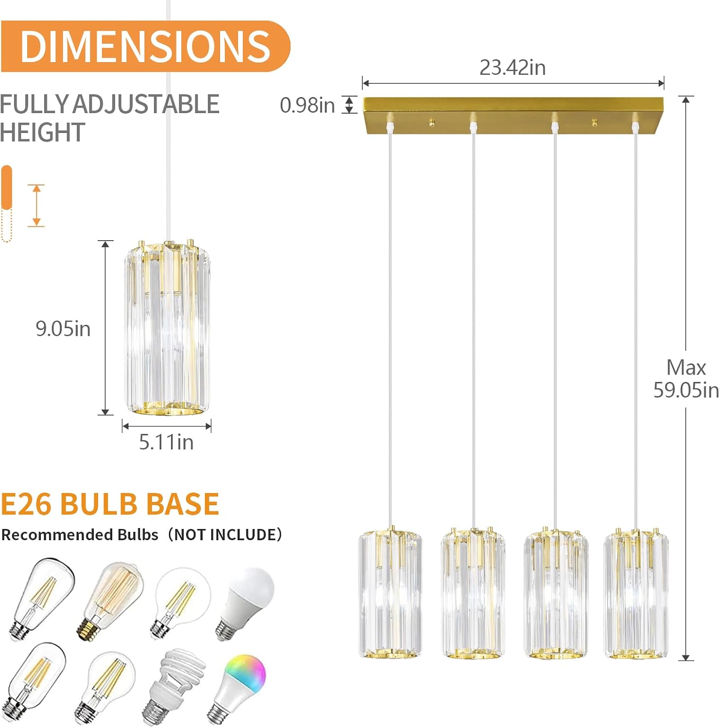 Gold Pendant Lighting Modern Pendant Light, Mini Crystal Chandeliers,Adjustable Pendant Light Fixture for Kitchen Island Dinning Room Corridor Bedroom(Gold 4-Light)