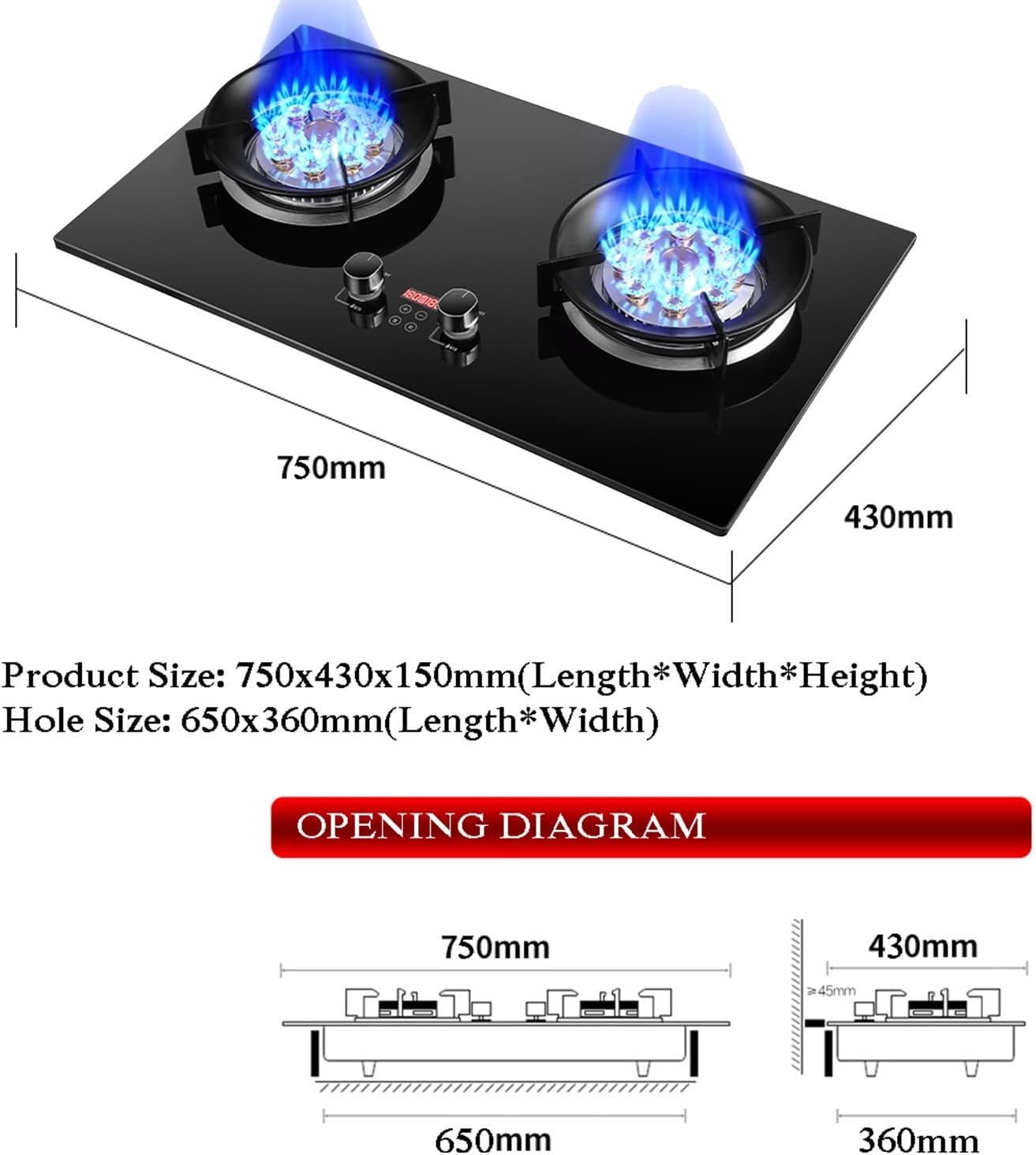 Countertop/Built-in Gas Cooktop,17742 BTU Tempered Glass Gas Cooktop 2 Burners,Flameout Protection,Suitable for Apartments,Indoor(LPG)(NG) (Size : NG)