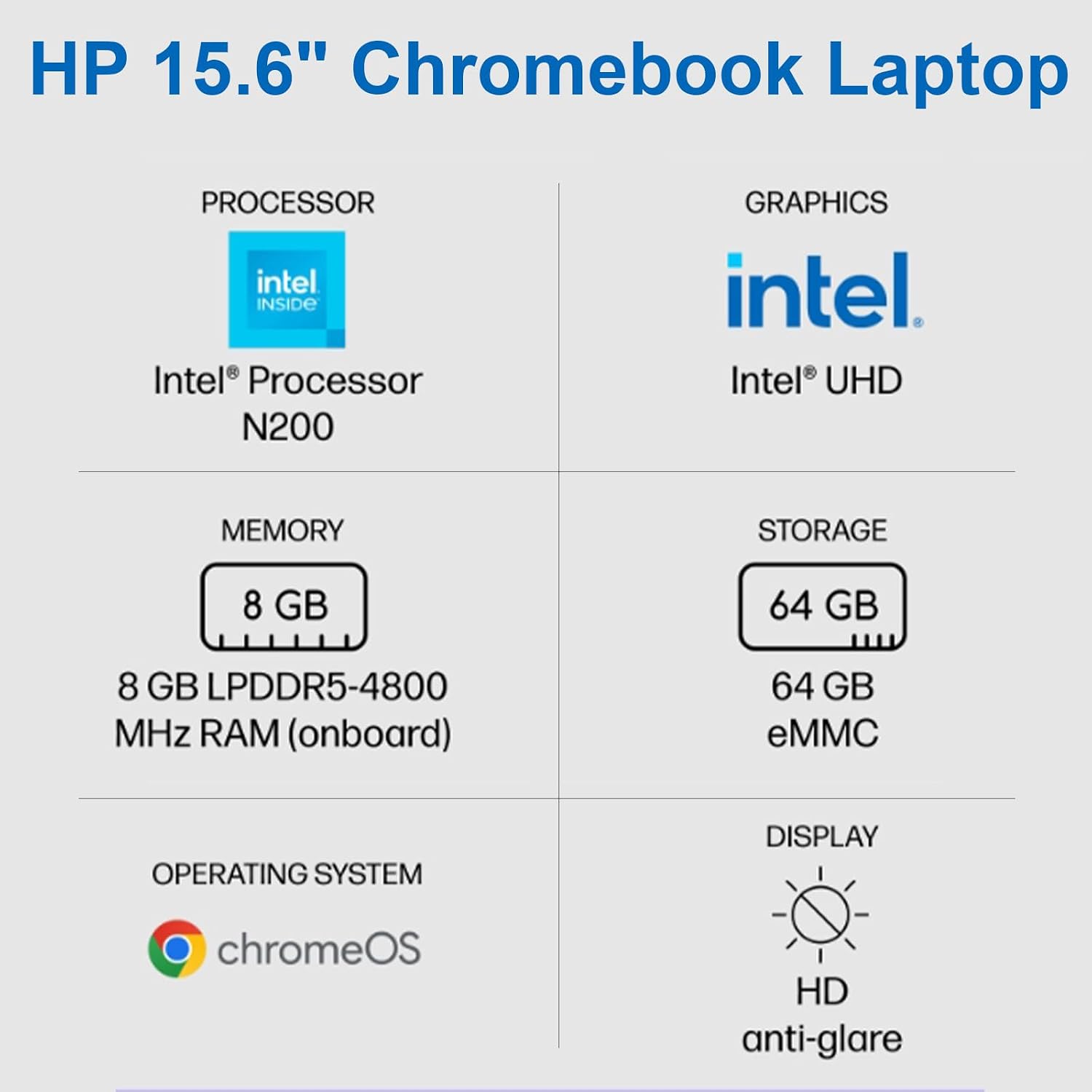 HP Chromebook 15.6 inch Laptop, Ultra Light Business Laptop, Intel Processor N200, 8GB LPDDR5 RAM, 64GB eMMC, Intel UHD Graphics, Long Battery Life, HD Webcam, WiFi 6, Chrome OS, Silver (Renewed)