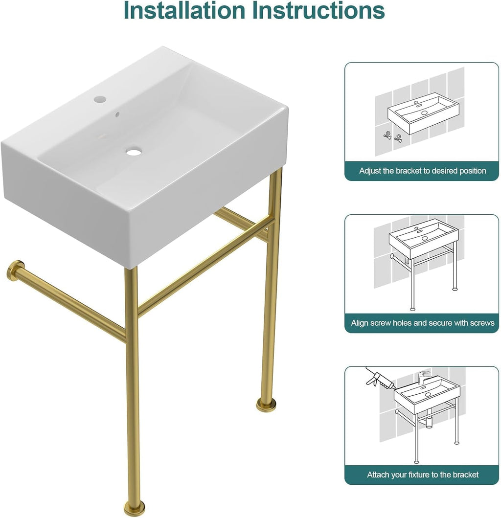 24''x16'' Modern Console Bathroom Sink with Gold Stainless Steel Pedestal Legs, Freestanding & Wall Mount Vessel Vanity Basin, Rectangular Ceramic Sink for Small Space, Brushed Gold