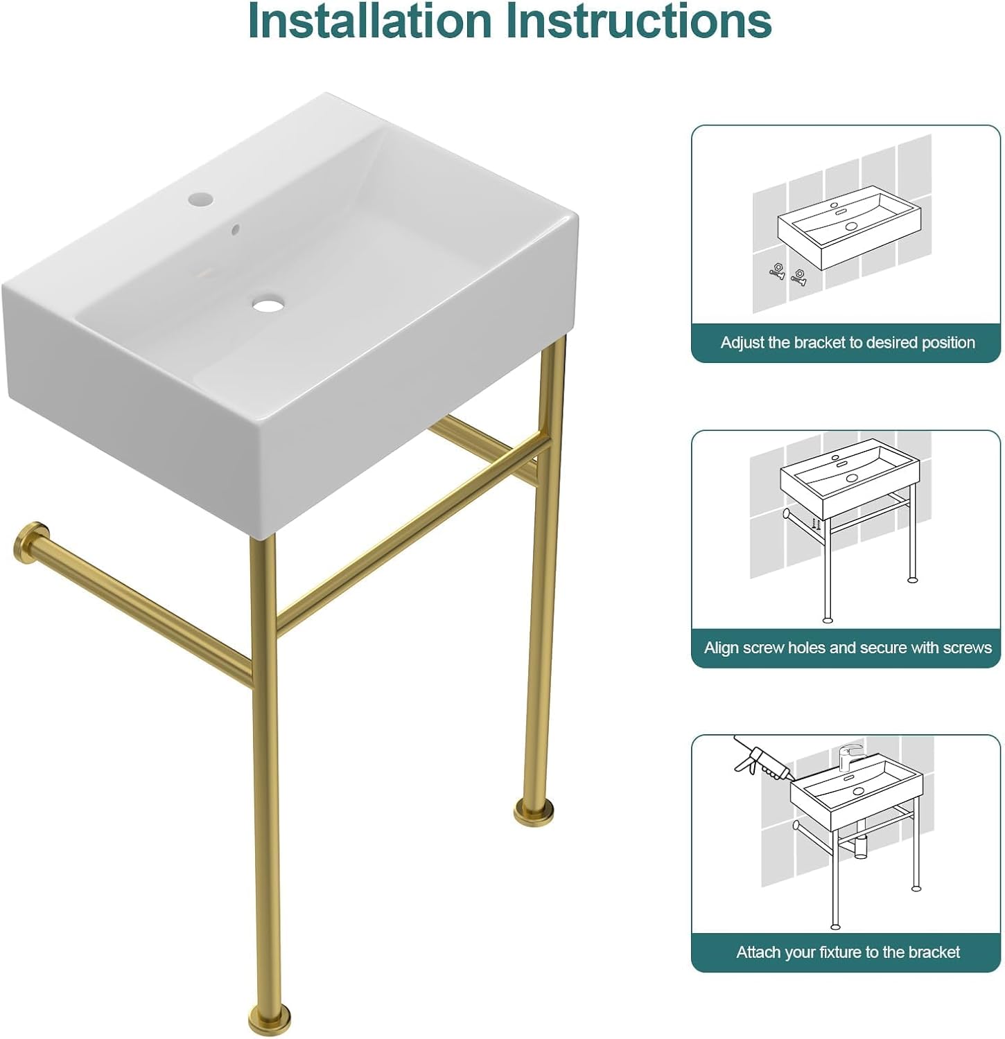 24''x16'' Modern Console Bathroom Sink with Gold Stainless Steel Pedestal Legs, Freestanding & Wall Mount Vessel Vanity Basin, Rectangular Ceramic Sink for Small Space, Brushed Gold