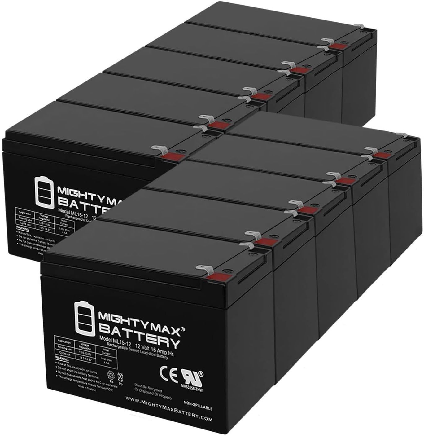 Mighty Max Battery ML15-12 - 12V 15AH SLA Battery - Pack of 10