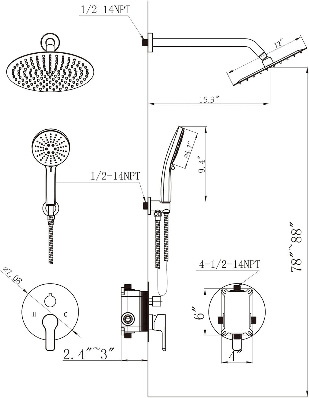 Shower Faucet Set Brass 12IN Rough-In Valve Body Trim Kit Rainfall Included Handle Accessories Complete 2 Functions with Rain Head and Handheld Bathroom Systems (12'', Brushed Gold)