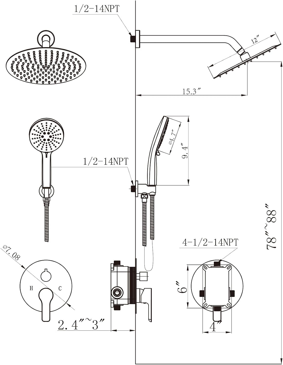 Shower Faucet Set Brass 12IN Rough-In Valve Body Trim Kit Rainfall Included Handle Accessories Complete 2 Functions with Rain Head and Handheld Bathroom Systems (12'', Brushed Gold)