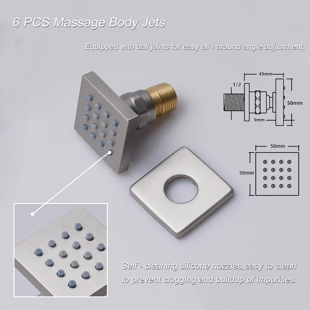 4 Way Thermostatic Shower System with Tub Spout, Handheld Spray, 6 Body Jet, 12 inch LED Rainfall Shower Head, Brushed Nickel
