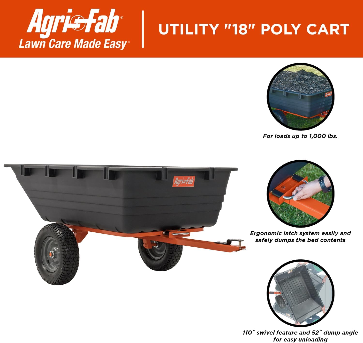 Agri-Fab 45-0553, 1,000-Pound Capacity Poly Swiveling Tow Behind Dump Cart, 18 Cubic Feet Capacity, 80 Degree swiveling, 52 Degree Dumping, 16-Inch x 6.5-Inch Pneumatic Turf Tread Tires