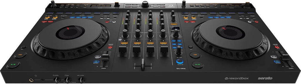DDJ-GRV6 4-Channel DJ Controller with StreamEye Cans50 Professional Studio Headphones, On-Stage Stands LPT5000 Laptop Stand, and Essential Cables for Connecting to DJ Controllers