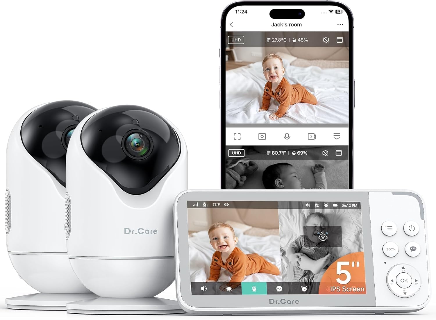 Dr.Care VistaView 5' Smart WiFi Baby Monitor with 2 Camaras - 2K Camera App Control & 1080P Split Screen, Cry & Motion Detection, Pan-Tilt-Zoom, HD Night Vision, Video Recording, Triple Security