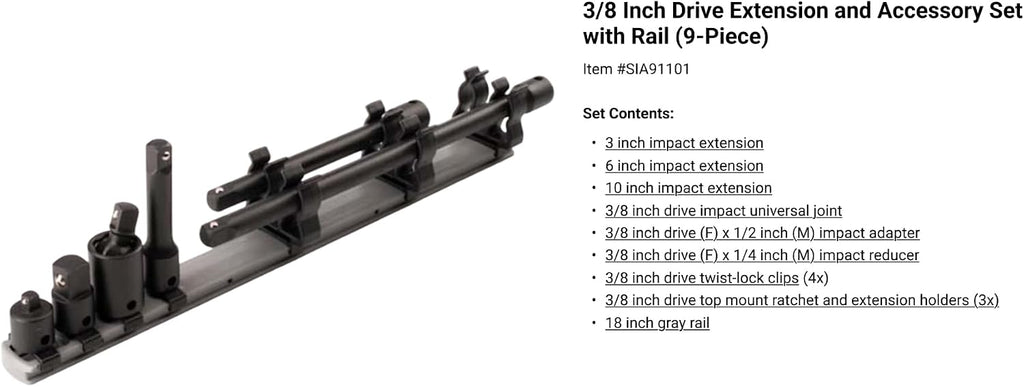 TEKTON 1/4, 3/8, 1/2 Inch Drive Impact Extension and Accessory Set with Rails and Tray (17-Piece) | SIA99201