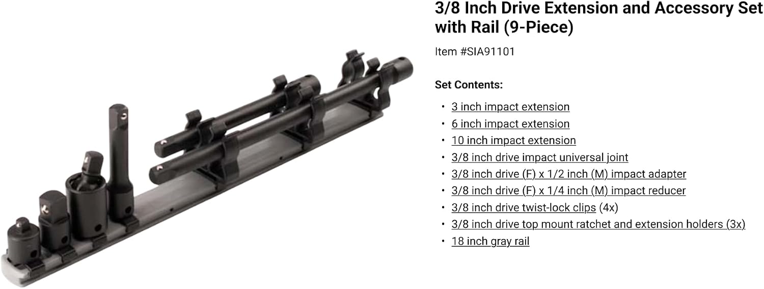 TEKTON 1/4, 3/8, 1/2 Inch Drive Impact Extension and Accessory Set with Rails and Tray (17-Piece) | SIA99201