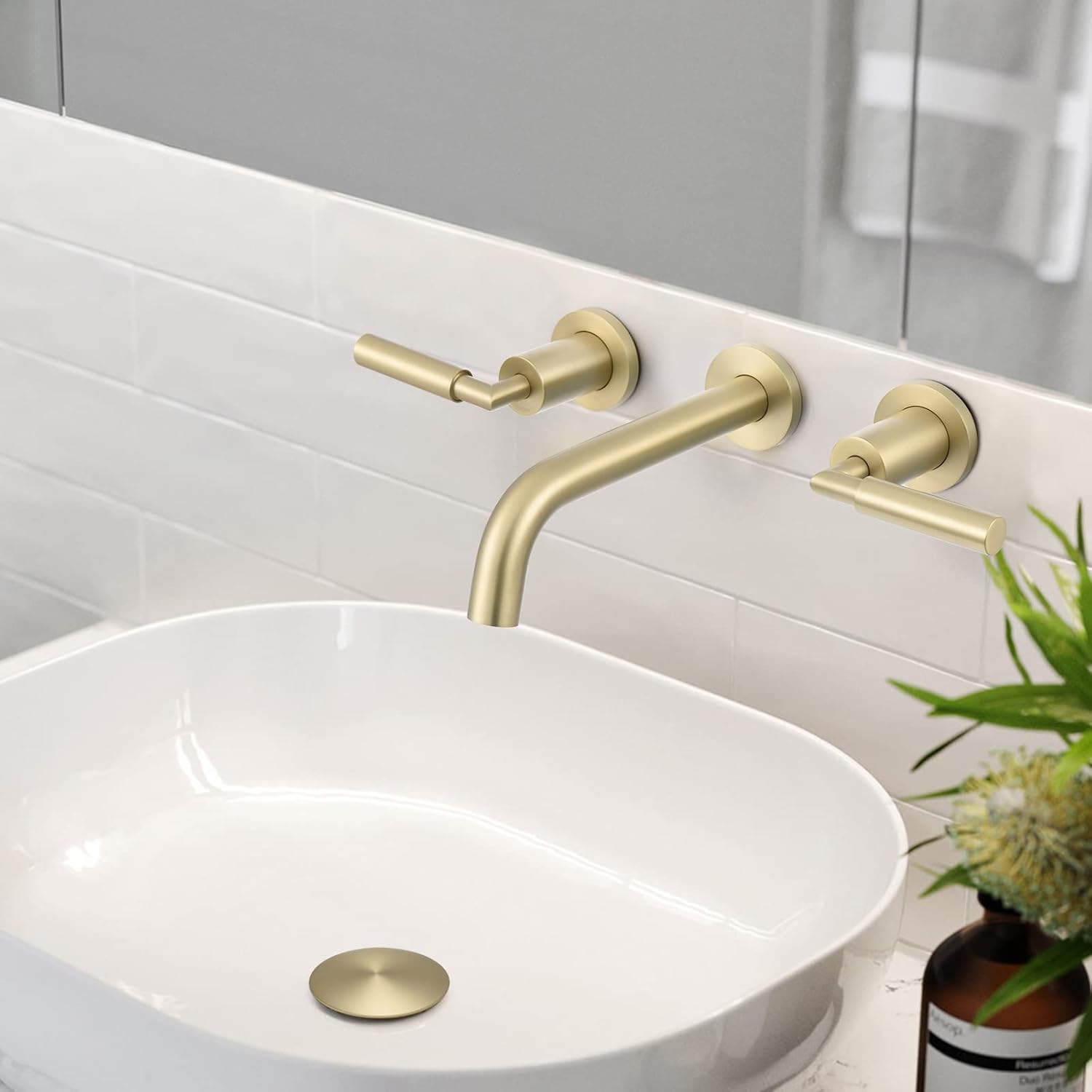 RBROHANT Gold Wall Mount Faucet with Pop up Drain Set for Sink Without Overflow, Brushed Gold Dual Handle Wall Mounted Bathroom Sink Faucet, Brass Rough-in Valve Included, RB0736D