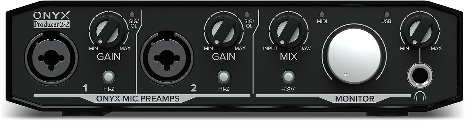 Audiosavings Bundle: Mackie Onyx Producer 2.2 2x2 USB Audio MIDI Recording Studio Interface Bundle with Rockville RLS2400 Lightweight Folding DJ Laptop Stand (2 Items)