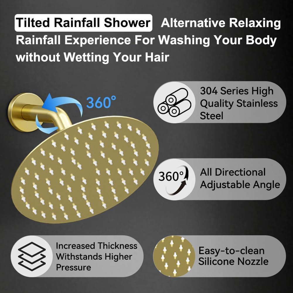 Shower Systems Round Shower Faucet Set, 12+6' Dual Rainfall Shower head with 2 in 1 Handheld Spray, Ceiling Mount Push Button Shower Set with Valve and Trim Kit Brushed Gold,Can Use All at Once