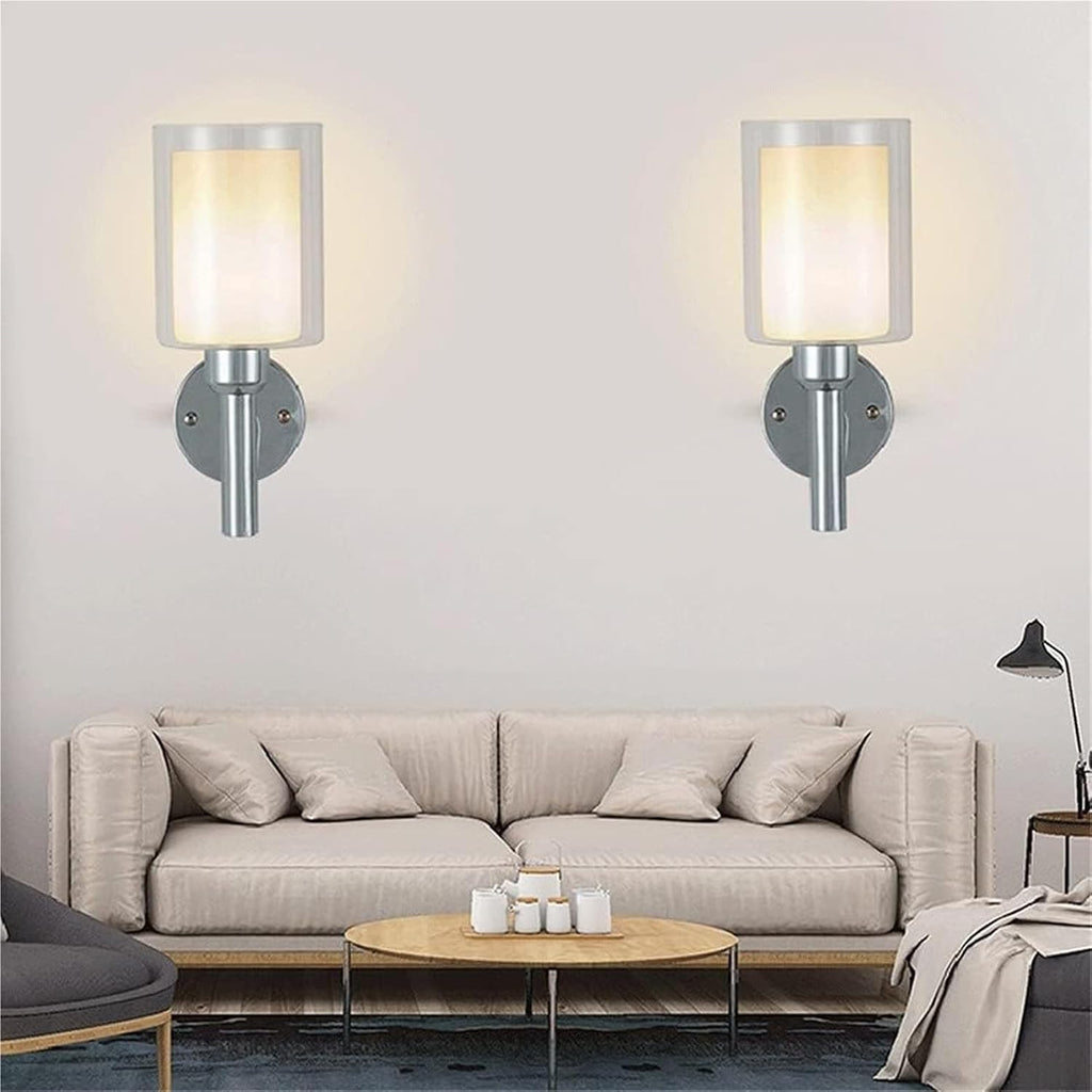 Indoor Single-Head Wall Light Simple Wrought Iron Lamp Body + Cylindrical Glass Lampshade Sconces E27 Lighting Fixture Two-Layer Lampshade Bedroom Bedside Sconce Lights