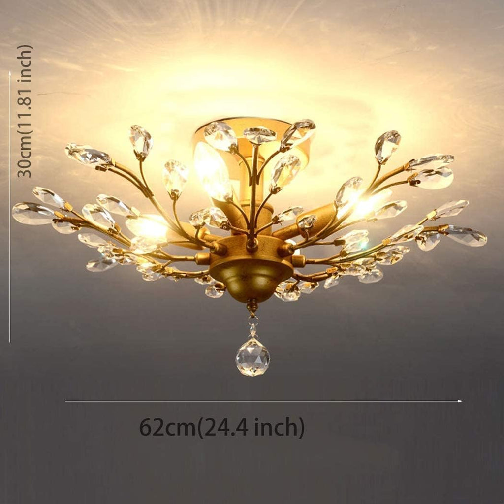 ASHES Ceiling Pendant Light, V-intage Crystal Branches Chandelier Wrought Iron Ceiling Light Flush Mounted Fixture with 4 Light for Living Room Bathroom Bar Loft Club (Color : Bronze)