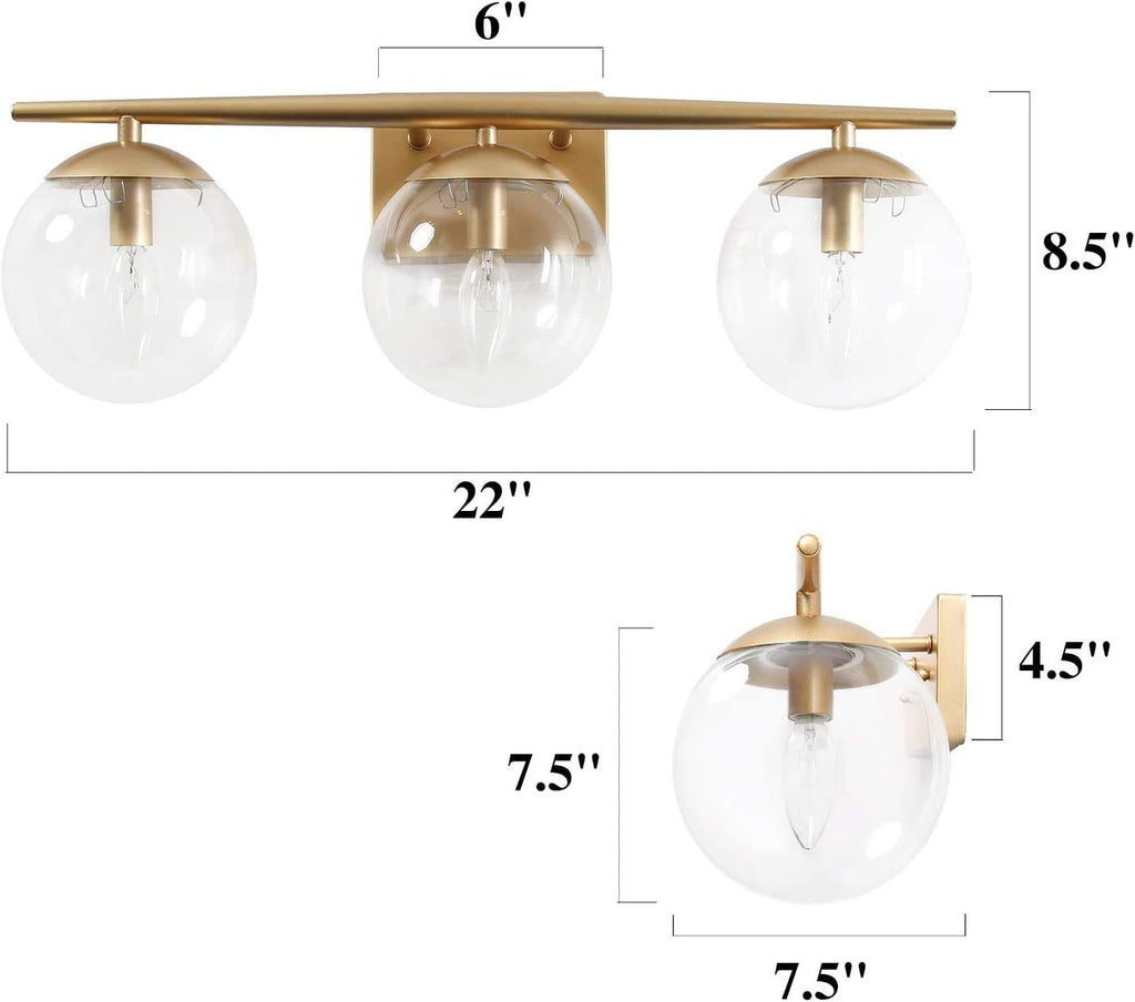 KSANA Gold Vanity Light,3 Modern Bathroom Fixture with Clear Globe Glass Shades and Taper Arm
