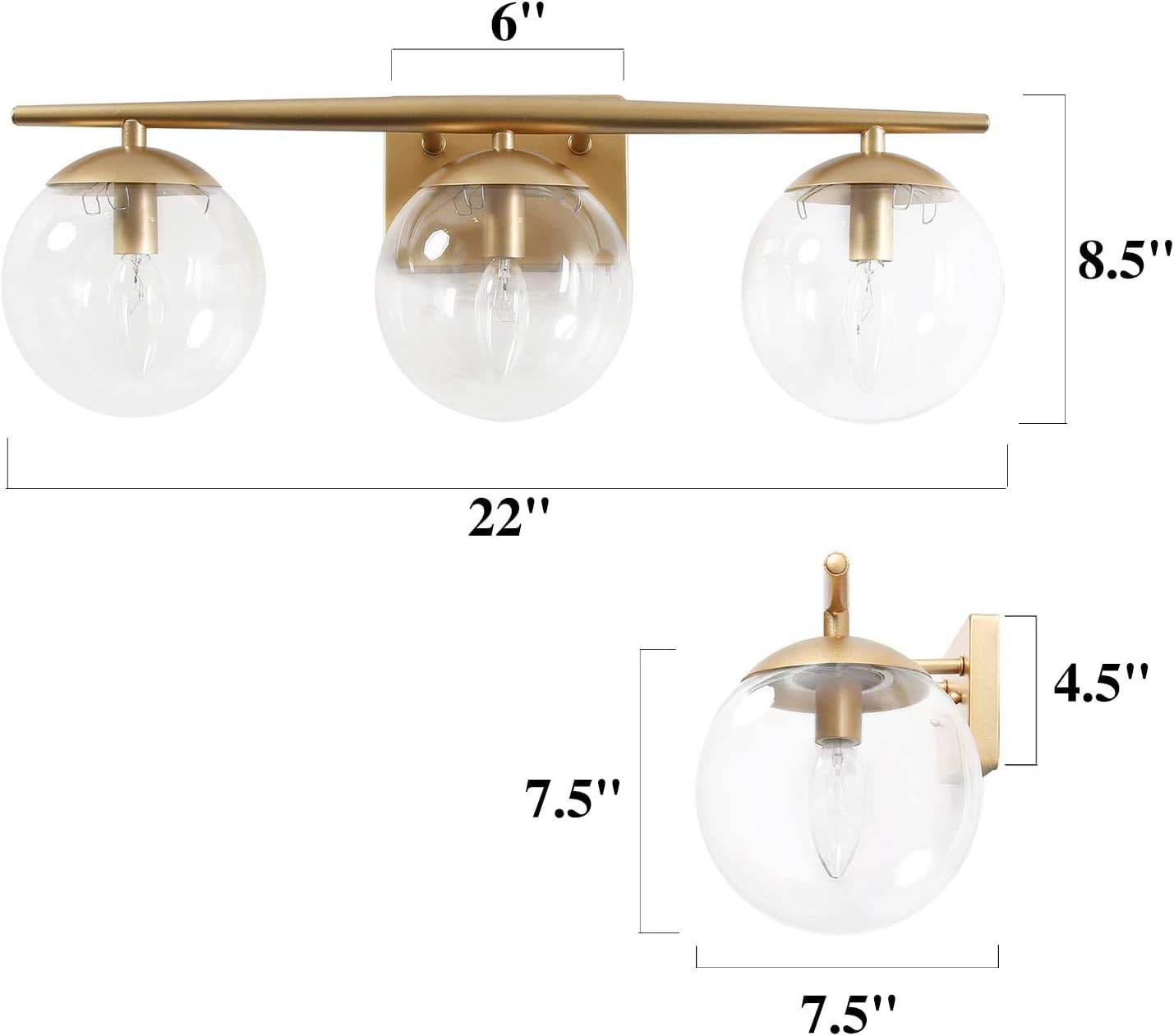 KSANA Gold Vanity Light,3 Modern Bathroom Fixture with Clear Globe Glass Shades and Taper Arm