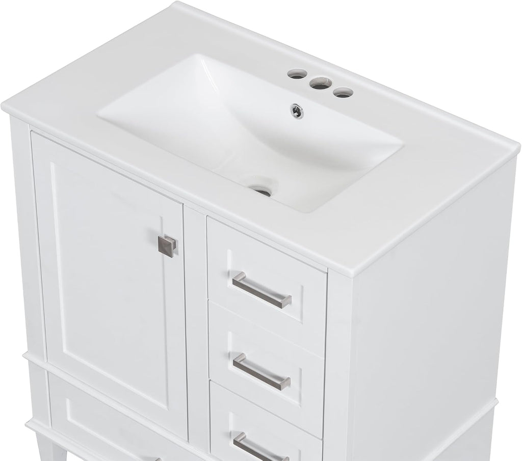 LUMISOL 30 Inch Bathroom Vanity with Sink, Wood Bathroom Storage Cabinet with Soft Closing Door and 3 Drawers, Freestanding Bathroom Vanities with Undermount Ceramic Sink, White