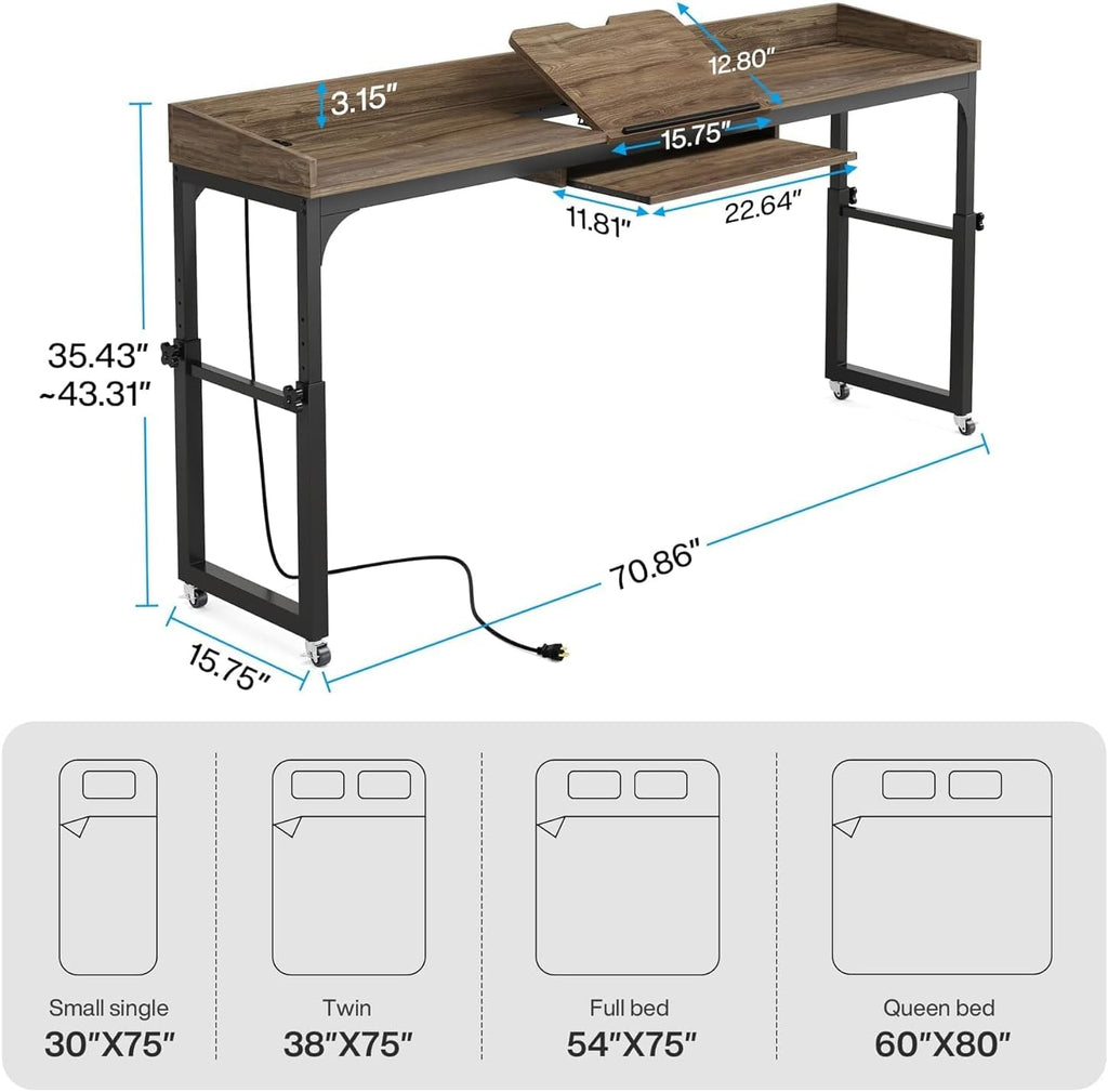 LITTLE TREE Overbed Table with Wheels Adjustable Height, Rolling Table with Outlets & USB Ports for Queen Bed, Giant Adjustable Over the Bed Desk with Tilt Stand, Grey
