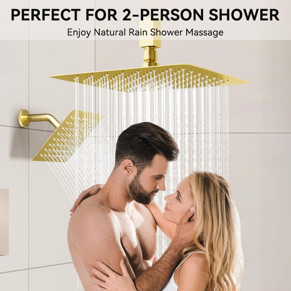 Shower System Shower Faucet Set, STARBATH 6'+12' Ceiling Mount Dual Rain Shower Head Set with 2 in 1 Handheld Spray,Rainfall Shower System with Diverter Valve and Trim Kit Complete,Brushed Gold