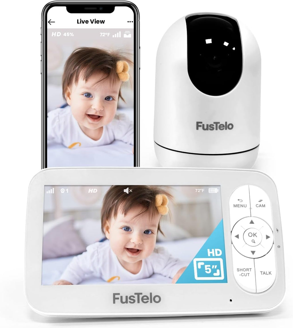 Smart WiFi Baby Monitor with 5' OLED Screen & Camera, 1080P HD, 360° Pan/Tilt, 4X Zoom, Two-Way Audio, Cry & Motion Alerts, Night Vision, Temperature Sensor, Long-Battery, App & Screen View