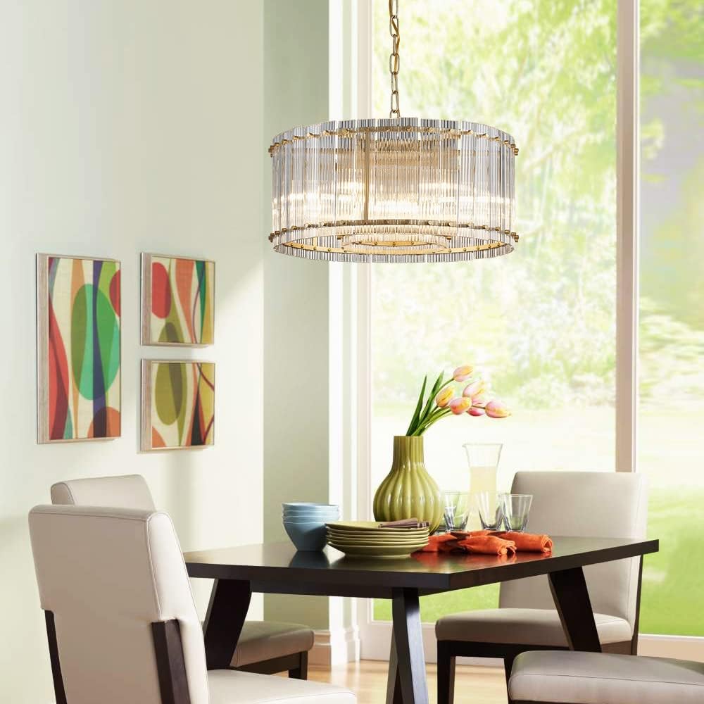 Saint Mossi Moder Glass Chandelier Light Fixture, Doule Layer Drum Pendant Modern Chandelier Lighting with 7-Light, Gold Finish