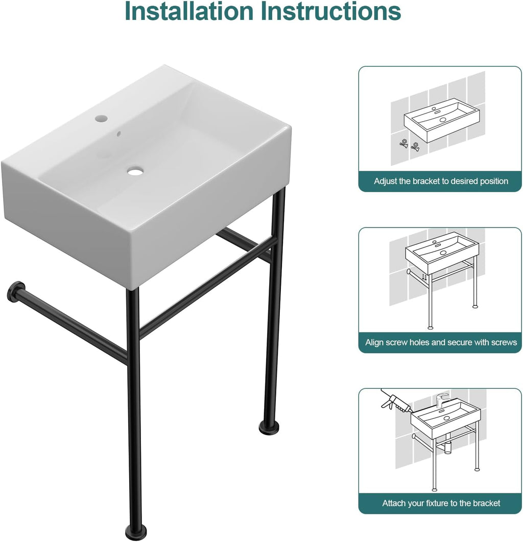 24''x16'' Modern Console Bathroom Sink with Black Stainless Steel Pedestal Legs, Freestanding & Wall Mount Vessel Vanity Basin, Rectangular Ceramic Sink for Small Space, Matte Black