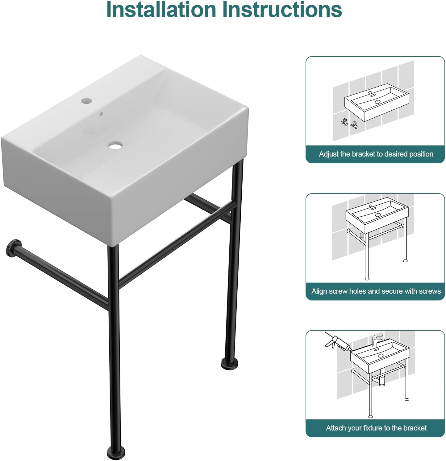 24''x16'' Modern Console Bathroom Sink with Black Stainless Steel Pedestal Legs, Freestanding & Wall Mount Vessel Vanity Basin, Rectangular Ceramic Sink for Small Space, Matte Black