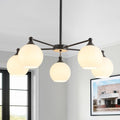 GlowHub Modern Black Chandelier with Milk White Glass Shades 30' Globe Pendant Light Fixture 5 Lights Mid Century Sputnik Chandelier for Dining Room Bedroom Entryway