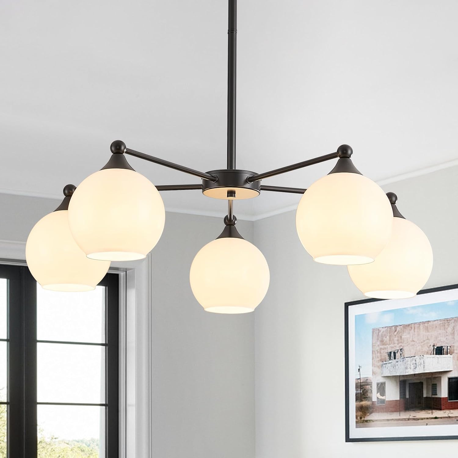 GlowHub Modern Black Chandelier with Milk White Glass Shades 30' Globe Pendant Light Fixture 5 Lights Mid Century Sputnik Chandelier for Dining Room Bedroom Entryway