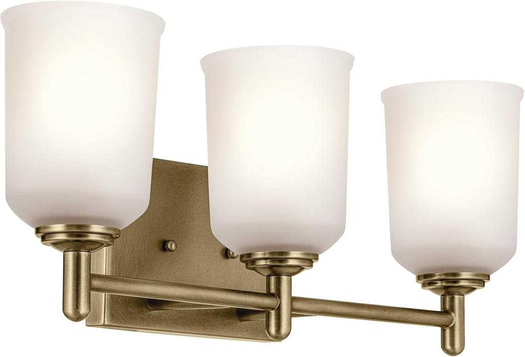 KICHLER Shailene 21' 3-Light Vanity Light with Clear Satin Etched Glass in Natural Brass for Over a Vanity, Updated Traditional Style, (21' x 8.25'), 45574NBR