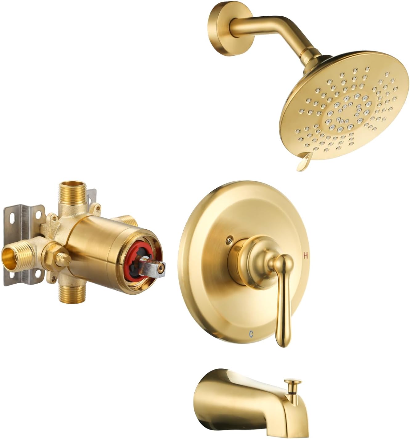 Shower Faucet Set Brushed Gold: Single Handle Bathtub Trim Kit with 6 Inch Rain Shower Head and Tub Spout, High Pressure Faucet Set for Bathtub (Brass Valve Included)