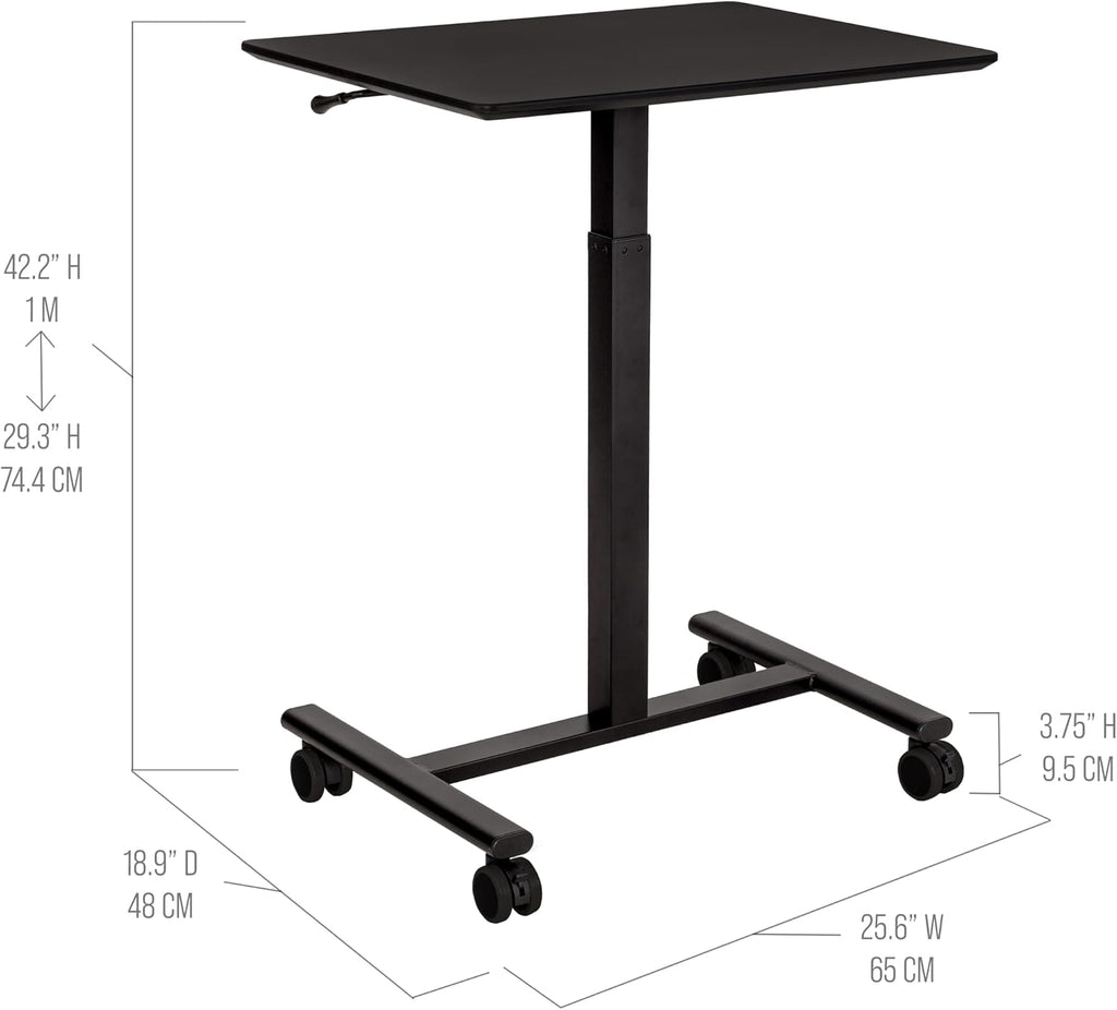 Seville Classics Airlift Height Adjustable Pneumatic Laptop Sit Stand Desk Mobile Rolling Cart, Computer Workstation for Home Office, Classroom, Black, 25.6' Desktop
