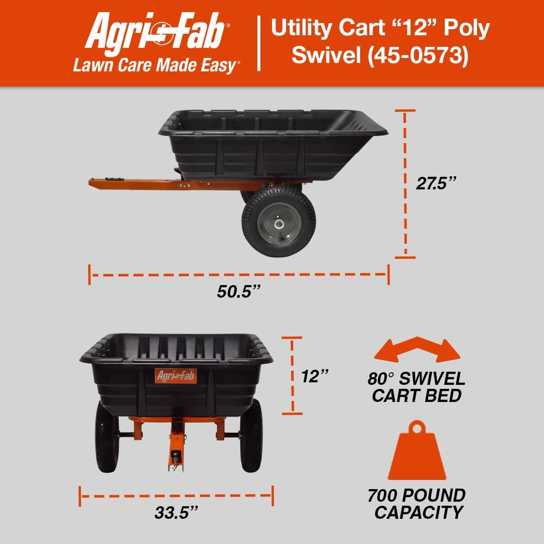 Agri-Fab 45-0573 700 lbs Tow Behind Poly Dump/Swivel Cart; Lawn & Garden Cart/Trailer for Lawn Mowers, 16' Pneumatics Tires, Easy to Use Foot Dumping Mechanism