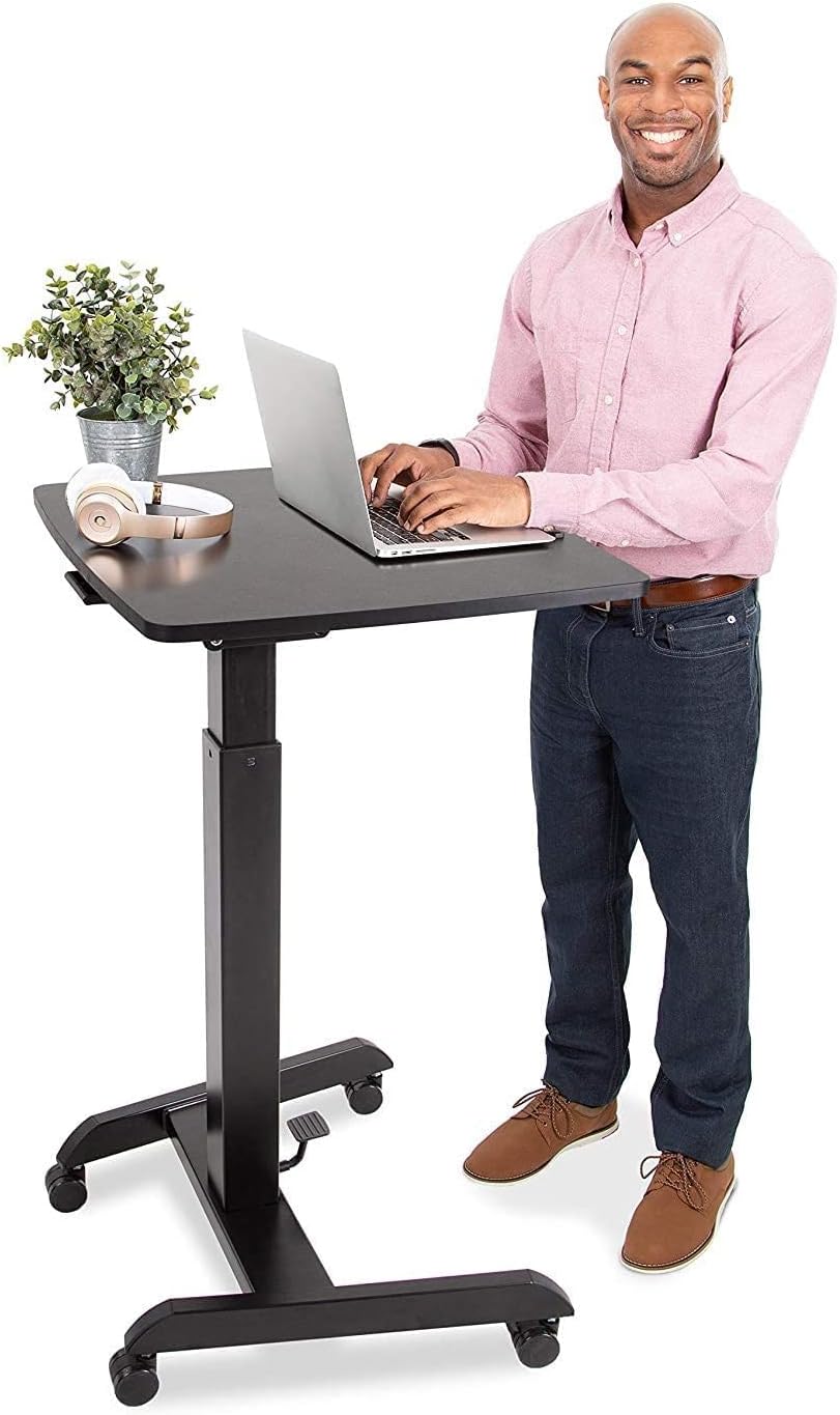 Stand Steady Multifunctional Mobile Podium Desk | Portable Sit to Stand Lectern with Pneumatic Height Adjustment & Tilting Desktop | Rolling Laptop Stand | Mobile Desk for School, Home, Office (Black)