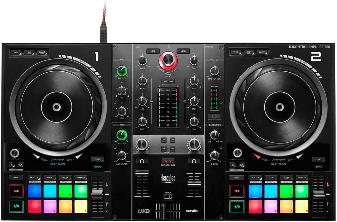 Hercules DJControl Inpulse 500 2-Deck USB DJ Controller Bundle with Laptop Stand, 4-Port USB Hub and Cables (2-Pack) (5 Items)