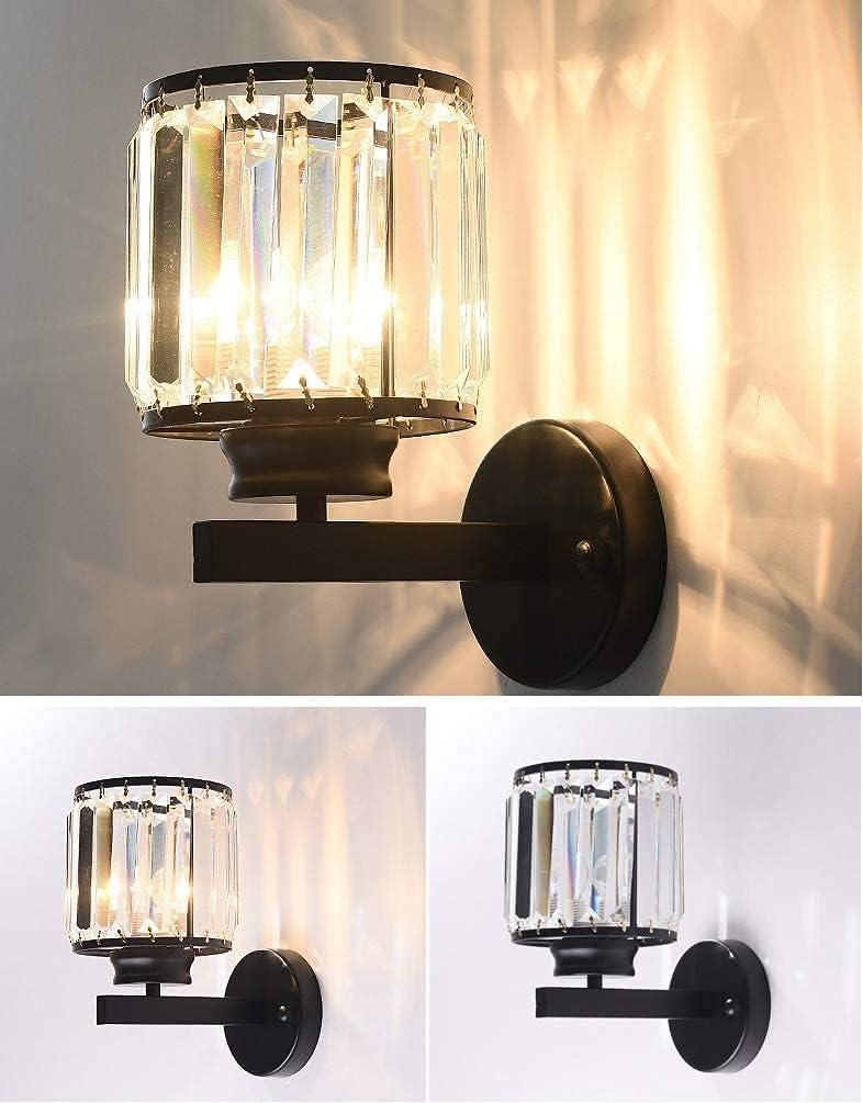 Wall Lamp Post Crystal Wall Lights Fixture Nordic Wrought Iron Single Wall Sconce,Matte Black Finish Lighting with Clear Glass Prisms for Living Room Bedroom Hallway Decor Lighting
