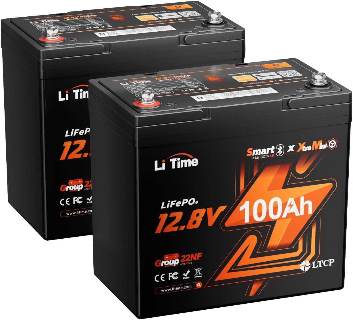 LiTime 12V 100Ah Xtra-Mini Bluetooth Trolling Motor LiFePO4 Battery, 12 Volt MINI Small Lithium Batteries, Up to 15000 Deep Cycle, 100A BMS for RV, Camper, Travel Trailers, Boat, Yacht, Kayak (2-Pack)