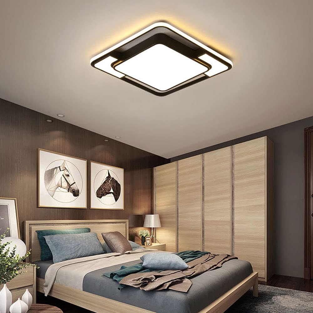 Modern Black and White Square Wrought Iron Ceiling Lamp,LED Flush Mount Ceiling Light,Thin Three-Color dimming Ceiling Light,Bedroom, Study,Lighting fixtures