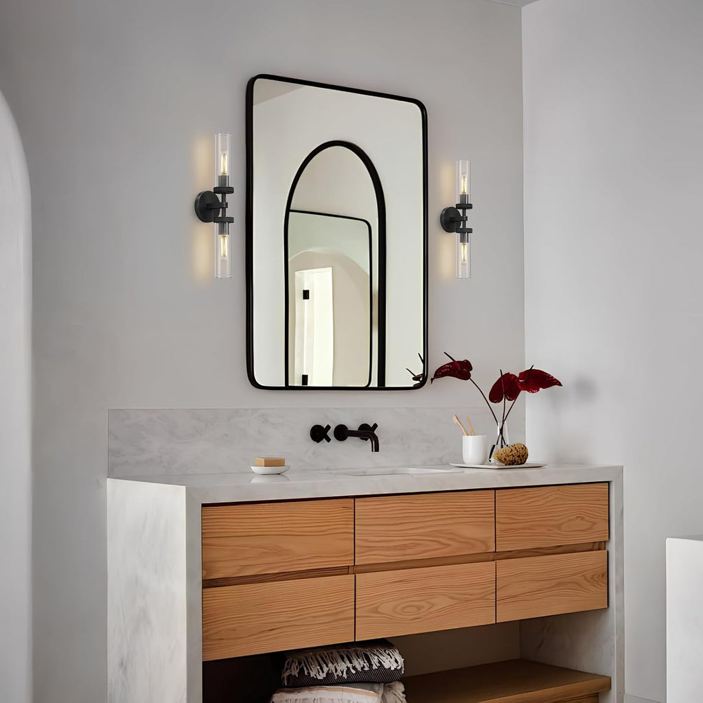 Black Bathroom Vanity Wall Sconces 2-Light Glass Tube Wall Sconce 21in Horizontal or Vertical Linear Wall Sconces Black Vanity Light Indoor Wall Sconce E26 Bulb Included