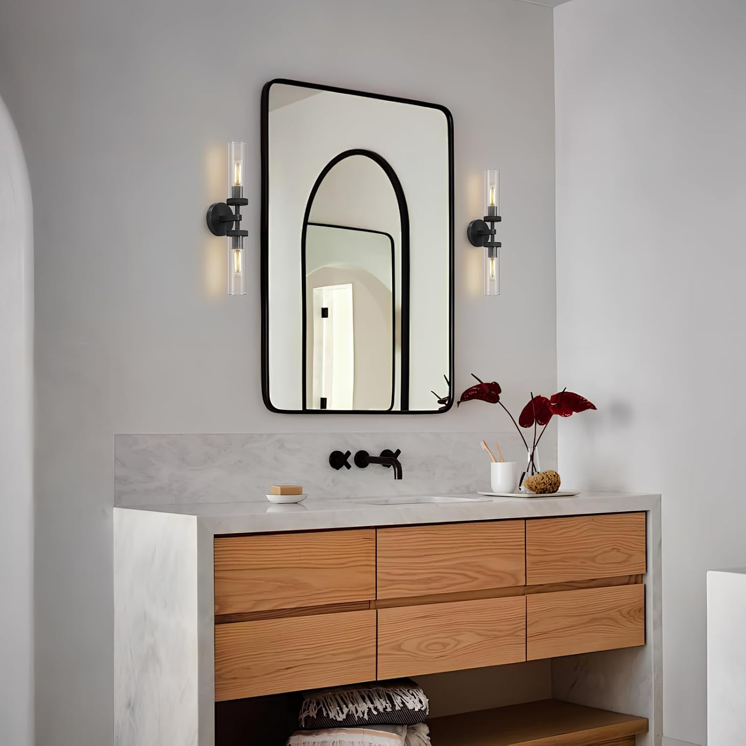 Black Bathroom Vanity Wall Sconces 2-Light Glass Tube Wall Sconce 21in Horizontal or Vertical Linear Wall Sconces Black Vanity Light Indoor Wall Sconce E26 Bulb Included