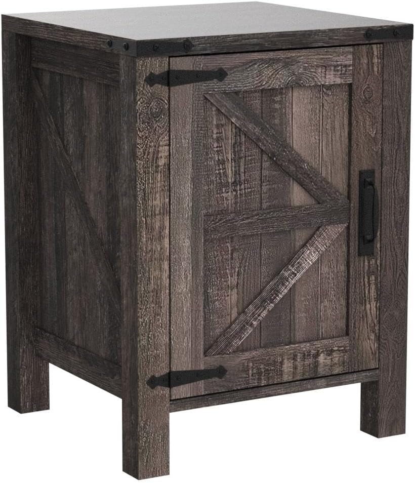 OKD Nightstand with Charging Station, 18 Inch Farmhouse End Table with Barn Door and Adjustable Storage Shelf, Rustic Wood Sofa Side Table w/Magnetic Door for Living Room, Bedroom, Dark Rustic Oak