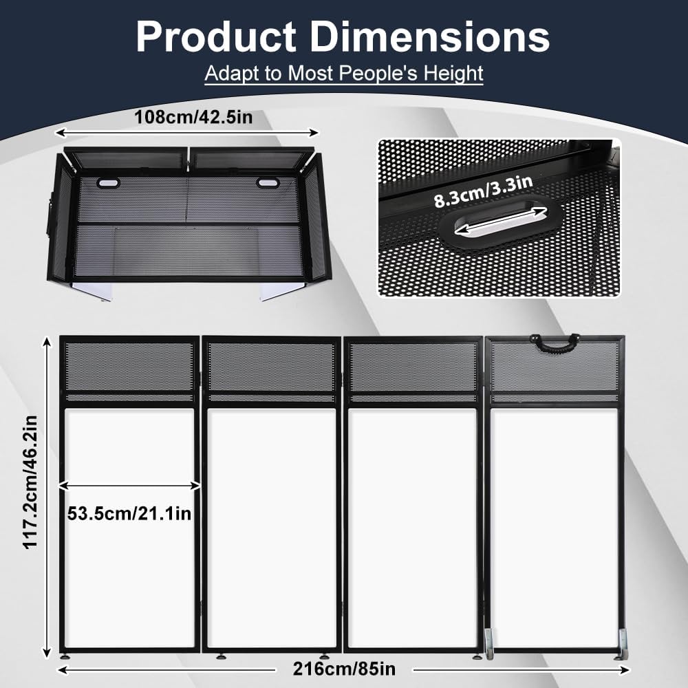 Kokorona Portable DJ Booth DJ Facade Booth Folding DJ Table with Wheels, Movable DJ Booth Facade DJ Booth Stand DJ Table with Lights, Tool-Free Assemble, Metal Frame + Black & White Scrims + Carry Bag