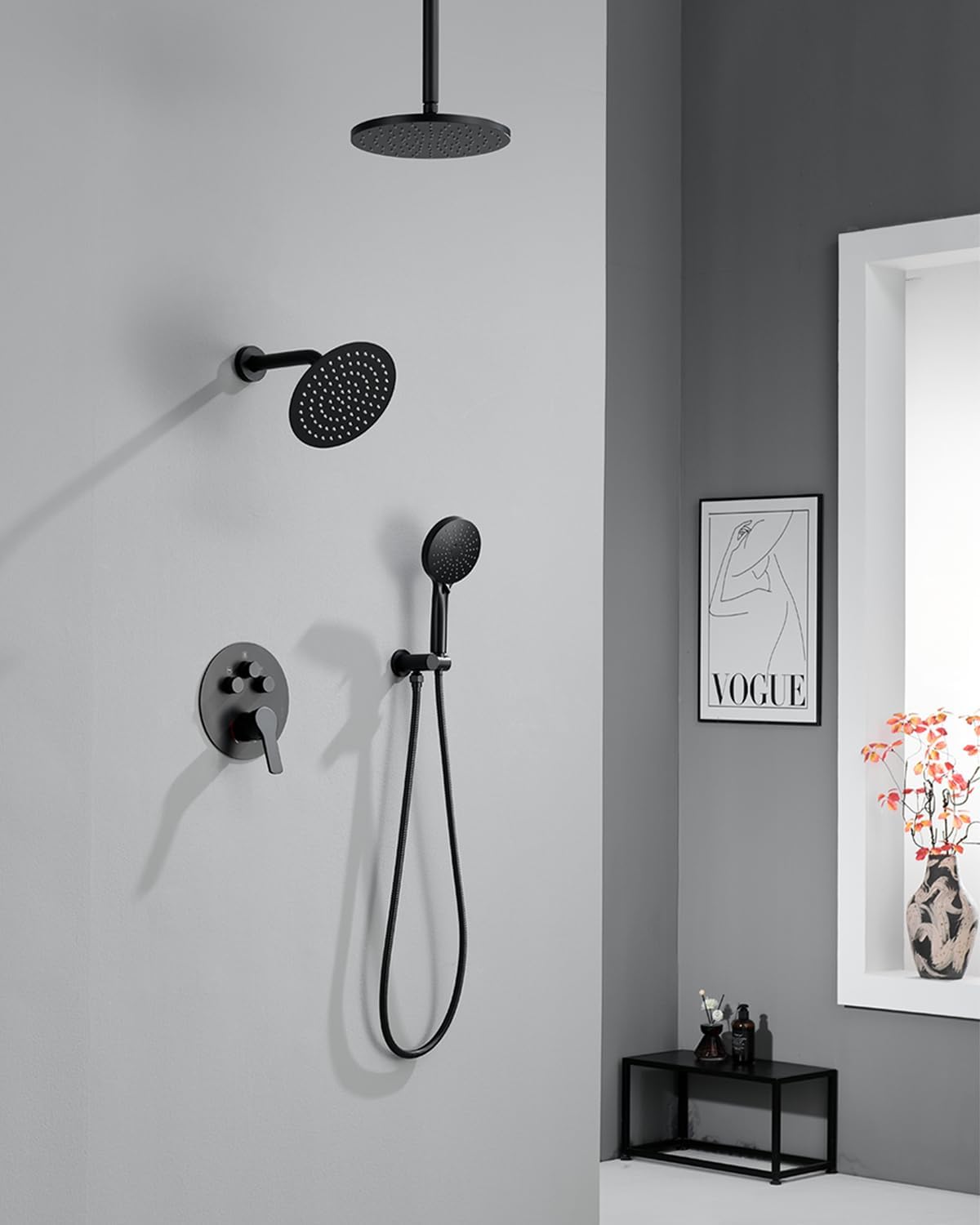 Iriber Shower System with Handheld Spray,Bathroom Round Dual Shower Heads Faucet Set with Push Button Diverter, Matte Black Shower Mixer Valve Trim Kit (Valve Included)