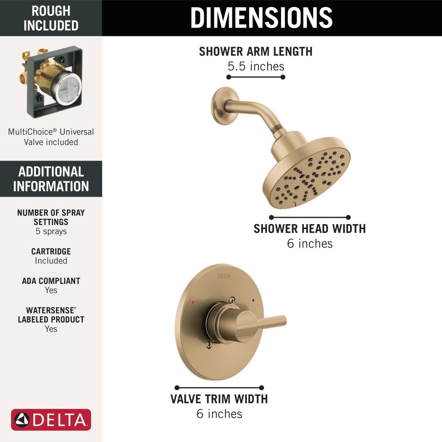 Delta Faucet Nicoli 14 Series Single-Handle Shower Faucet Trim Kit with 5-Spray H2Okinetic Shower Head and Widespread Bathroom Faucet in Champagne Bronze (Shower Valve Included)
