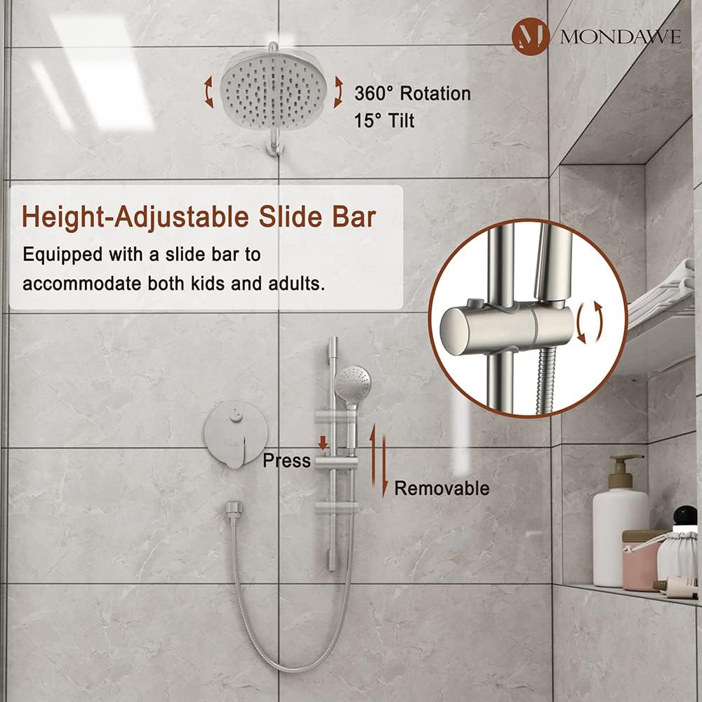 MONDAWE 9 Inch Wall Mounted Shower Faucet Set in Brushed Nickel, Rainfall Shower Head with 3-Setting Handheld Spray Shower Set Combo, High Pressure Shower System with Solid Brass Valve