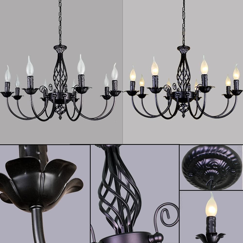 Black Wrought Iron Chandelier 6-Light Rustic Round Black Wood Ceiling Light Fixture Farmhouse Industrial Cage Pendant Light for Kitchen Island Bedroom Dining Room Foyer Living Room